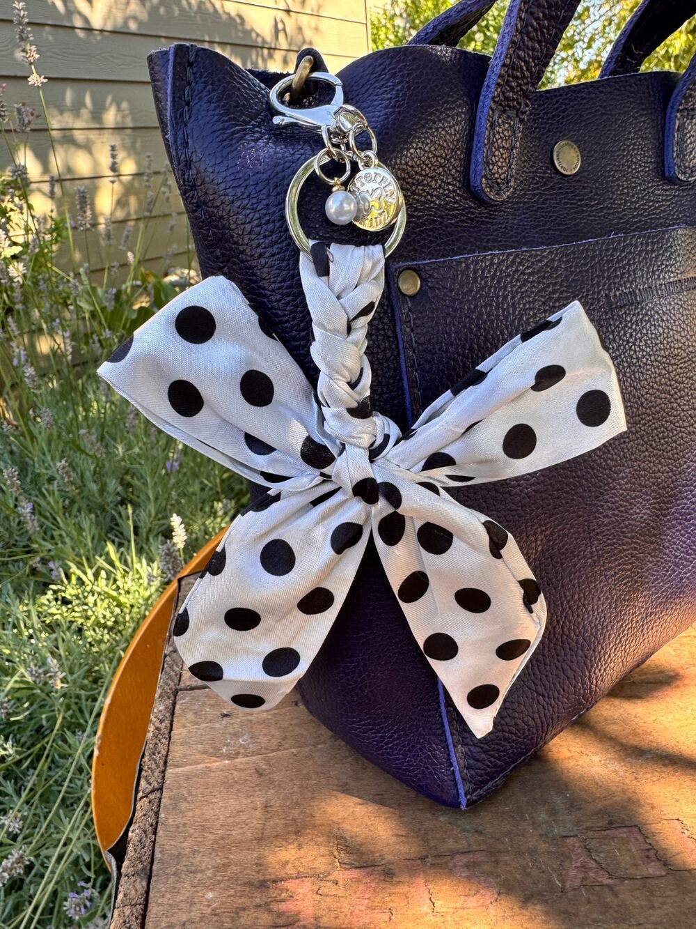 Fabric Satin Polka Dot Bow Bag Charm Black White Polka Dots Purse Charm
